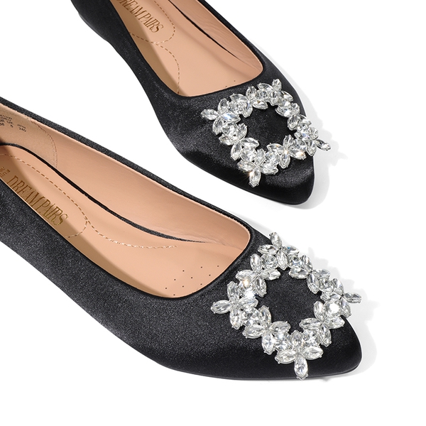 Rhinestone Square Buckle Flats - BLACK-SATIN - 6